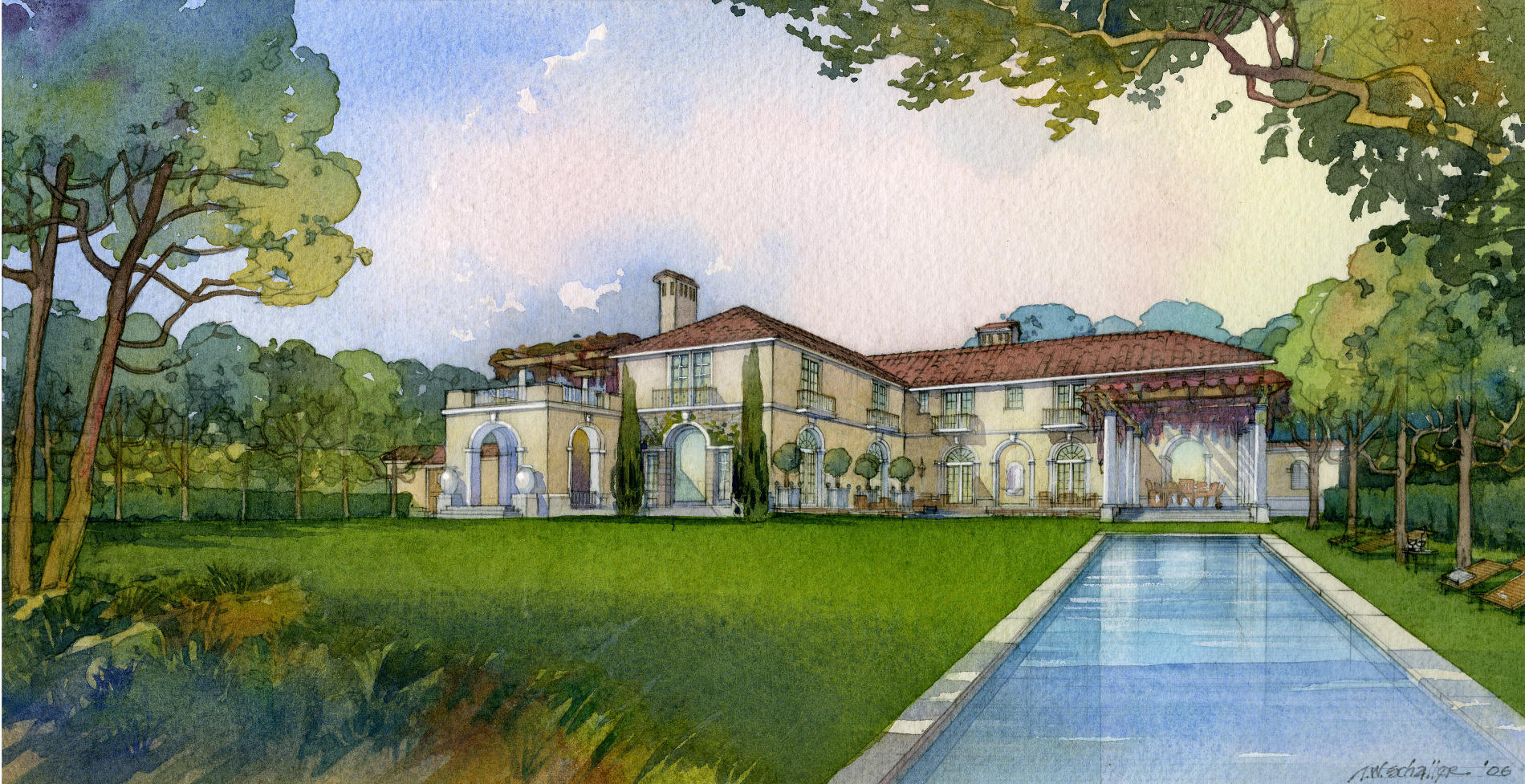 Rendering of the East Façade. A lap pool and large lawn with a terrace and lush plantings create an elegant setting for family life as well as for entertaining.